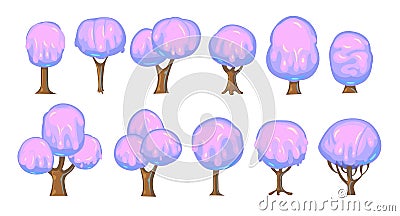 Set of fabulous sweet trees. For landscapes with purple caramel, ice cream or jelly. Perspiration. Childrens fun Vector Illustration