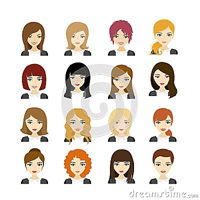 Set of Face european woman with different hair style Vector Illustration