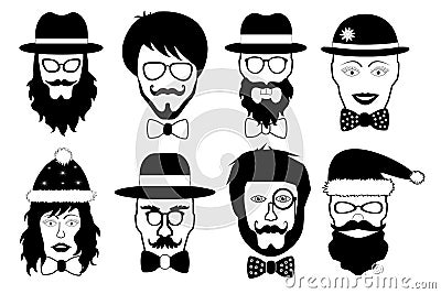 Set face fake person, hipster head silhouette isolated, vector illustration. Vector Illustration