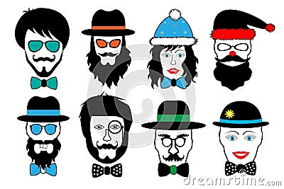 Set face fake person, hipster head, vector illustration. Vector Illustration