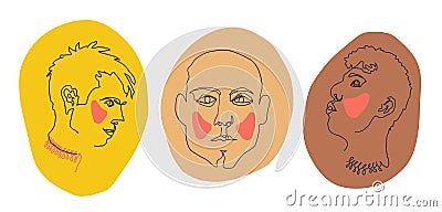 Set of face men line art. Face drawing. Contemporary portrait. Portrait male. Creative design for social media apps Vector Illustration