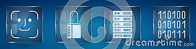 Set Face recognition, Safe combination lock, Server, Data, Web Hosting and Binary code. Square glass panels. Vector Vector Illustration