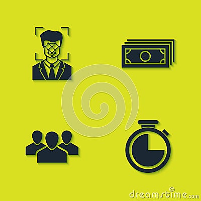 Set Face recognition, Stopwatch, Users group and Stacks paper money cash icon. Vector Vector Illustration