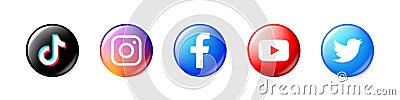 Set of facebook, tiktok, twitter, instagram and youtube icons. Social media icons. Realistic set. illustration. Editorial vector Cartoon Illustration