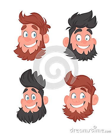 Set of 4 faces of fat bearded cheerful men. Cartoon style Vector Illustration