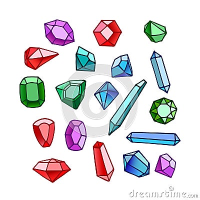 Set of faceted gemstones: emeralds, sapphires, diamonds and rubies, glass crystals for bijou Vector Illustration