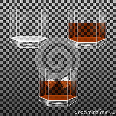 Set of faceted glass with whisky and ice cubes Vector Illustration