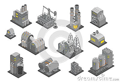 Set factories plant Isometry vector illustration. Oil Industrial production factory Vector Illustration
