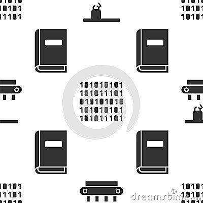 Set Factory conveyor system belt, Binary code and User manual on seamless pattern. Vector Stock Photo