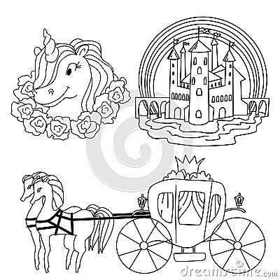 Set of fairy tale symbols and objects. Isolated vector coloring page Vector Illustration