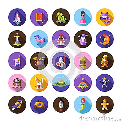 Set of fairy tales flat design magic icons and Vector Illustration