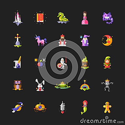 Set of fairy tales flat design magic icons and Vector Illustration