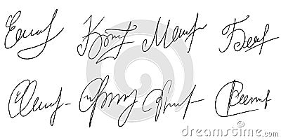 Set of fake signatures. Illegible fake handwriting text. Brush Pen sign. Vector Illustration