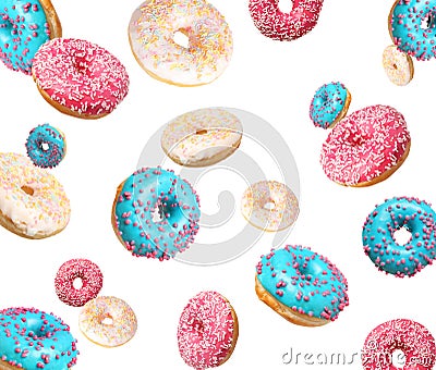 Set of falling delicious donuts on background Stock Photo