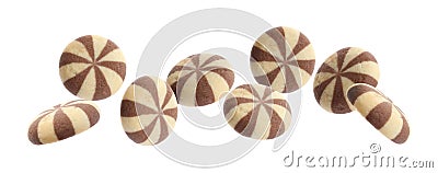 Set of falling delicious striped cookies on background. Banner design Stock Photo