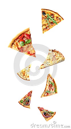 Set with falling different pizza slices Stock Photo