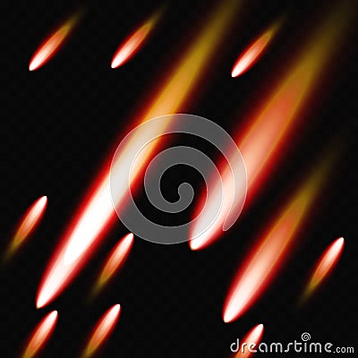 Set of falling luminous comet meteorites. Vector illustration of burning meteorites, asteroids, comets Cartoon Illustration