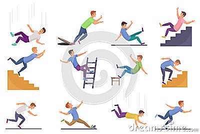 Set of falling man isolated. Falling from chair accident, falling down stairs, slipping, stumbling falling man vector Vector Illustration