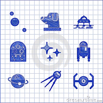 Set Falling star, Satellite, Cosmic ship, Robot, Planet, Alien, Mars rover and Solar system icon. Vector Vector Illustration