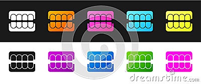 Set False jaw icon isolated on black and white background. Dental jaw or dentures, false teeth with incisors. Vector Vector Illustration