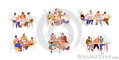 Set of families, friends and colleagues sitting at dining table and eating food together. People meeting at breakfast Vector Illustration