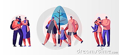 Set of Family Characters Weekend Leisure and Spare Time. Mother, Father and Little Children Walking at City Street Vector Illustration