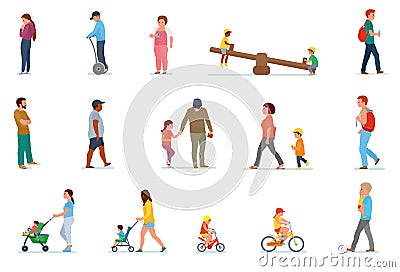 Set of family leisure. Lunch at home, picnic in nature, walk in outdoor, roller skating. Vector Illustration