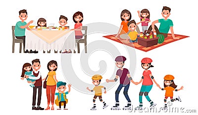 Set of family leisure. Lunch at home, picnic in nature, walk in Cartoon Illustration