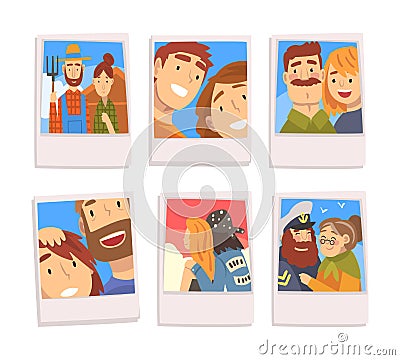 Set of family photo portraits. Memorable pictures of happy couples cartoon vector illustration Vector Illustration