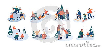 Set of family winter leisure activities. Mother, father and child having fun outdoors together - playing ice hockey Vector Illustration