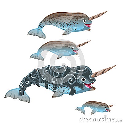 Set of fantasy animals blue color isolated on white background. Narwhal or narwhale, Monodon monoceros. Vector Vector Illustration