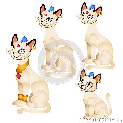 Set fantasy animated cats with Golden ornaments and a blue tuft isolated on white background. Vector illustration. Vector Illustration