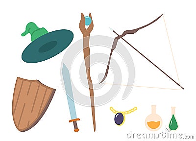 Set Of Fantasy Armor And Wizardry Items. Sorcerer Hat, Potion Bottle, Flask And Magic Staff. Wooden Shield, Sword Vector Illustration