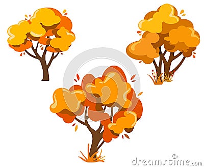 Set of fantasy autumn trees, beautiful trees for decoration, banners, posters and web designs, postcards Vector Illustration