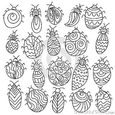 Set of fantasy insects, contour doodle bugs with patterns and curls for design and creativity Vector Illustration