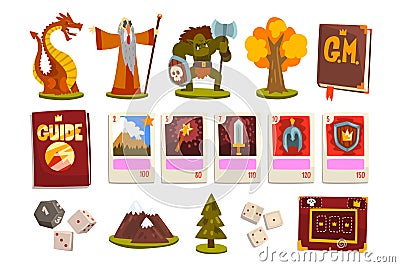 Set of Fantasy Magic Board Game Elements, Figures of Wizard, Dragon, Monster and Playing Cards Cartoon Vector Vector Illustration