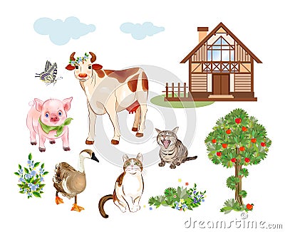 Set of farm animals and pets includes cow, cat, goose and pig. House, tree, flowers, cattle and butterfly are suitable for Vector Illustration