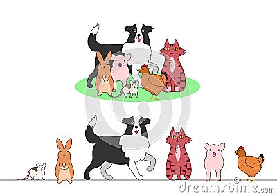 Set of farm animals, a row and a group Vector Illustration