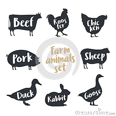 Set of farm animals with sample text. Silhouettes hand drawn animals: cow, rooster, chicken, sheep, pig, rabbit, duck, goose. Vector Illustration