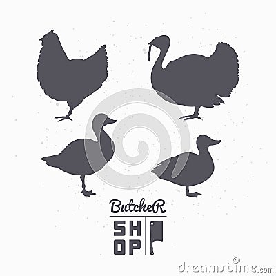 Set of farm birds silhouettes. Chicken, turkey Vector Illustration