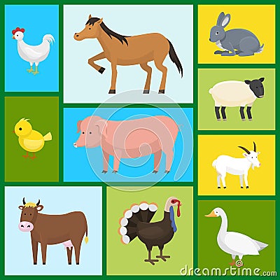 Set of farm domestic animals seamless pattern vector illustration. Collection of cute pet animal. Cartoon cow and horse Vector Illustration
