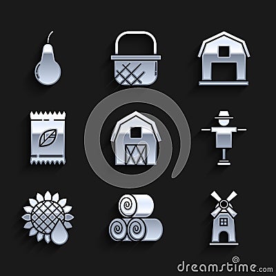 Set Farm House concept, Roll of hay, Windmill, Scarecrow, Sunflower, A pack full seeds specific plant, and Pear icon Vector Illustration