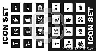 Set Farm house, Fresh grass in rectangular, Watering can, Shovel, and rake, Garden, Tree and Plant icon. Vector Vector Illustration