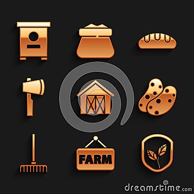 Set Farm house, Signboard with text, Shield leaf, Potato, Garden rake, Wooden axe, Bread loaf and Hive for bees icon Vector Illustration