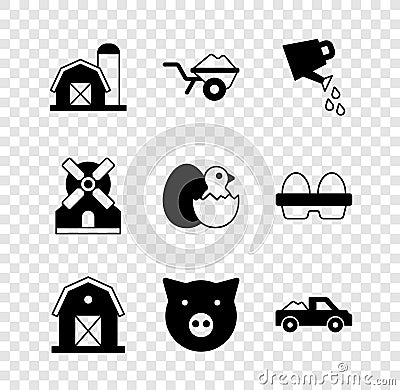 Set Farm house, Wheelbarrow with dirt, Watering can, Pig, Pickup truck, Windmill and Little chick cracked egg icon Vector Illustration
