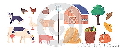 Set of Farm Icons Cow, Pig, Sheep And Chicken, Dog, Pitchfork and Barn. Hay Stack, Basket with Vegetables, Pumpkin, Tree Vector Illustration