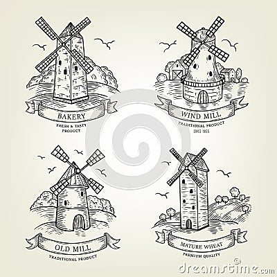 Set of farm landscapes with windmills views. Vector farmlands isolated on background. Vector Illustration