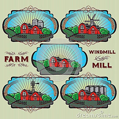 Set of farm, mill, windmill, rural landscape Vector Illustration