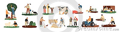 Set of farmers or agricultural workers planting crops, gathering harvest, collecting apples, feeding farm animals Vector Illustration