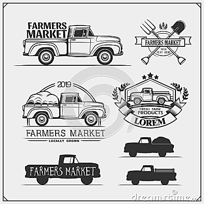 Set of farmers market emblems, logos and labels with pickup. Vector illustration. Vector Illustration